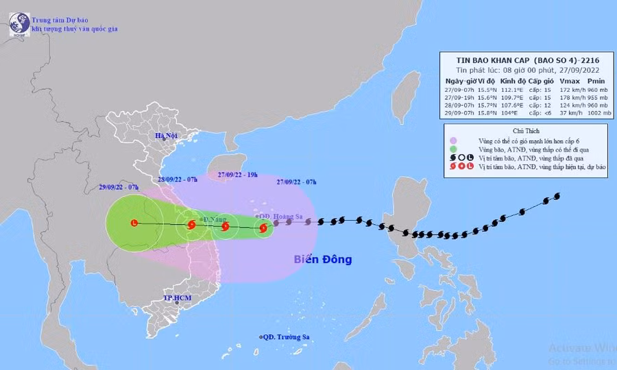 Vị trí và hướng di chuyển của bão Noru. Ảnh: Trung tâm Dự báo KTTVQG.