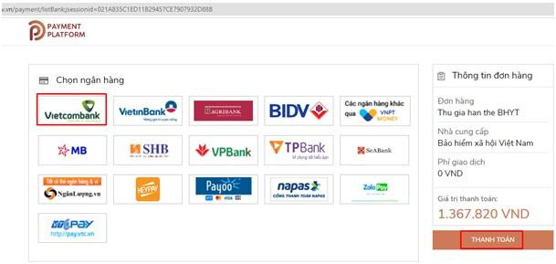 Chọn ngân hàng để thanh toán Chọn ngân hàng để thanh toán