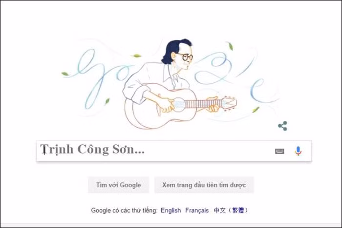 Doodle của Googe với hình tượng nhạc sĩ Trịnh Công Sơn xuất hiện vào lúc 0 giờ ngày 28.2 trên trang Google.com.vn.