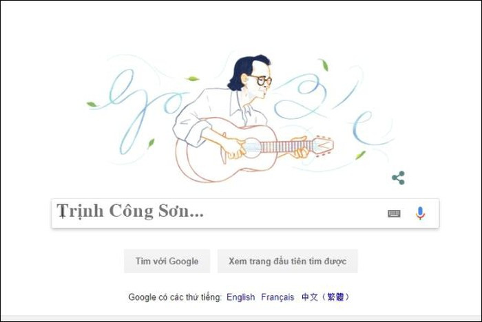 Doodle của Googe với hình tượng nhạc sĩ Trịnh Công Sơn xuất hiện vào lúc 0 giờ ngày 28.2 trên trang Google.com.vn. Doodle của Googe với hình tượng nhạc sĩ Trịnh Công Sơn xuất hiện vào lúc 0 giờ ngày 28.2 trên trang Google.com.vn.