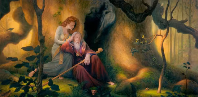  Pháp sư Merlin đã bị một yêu tinh xinh đẹp bỏ bùa mê khiến chàng yêu say đắm 