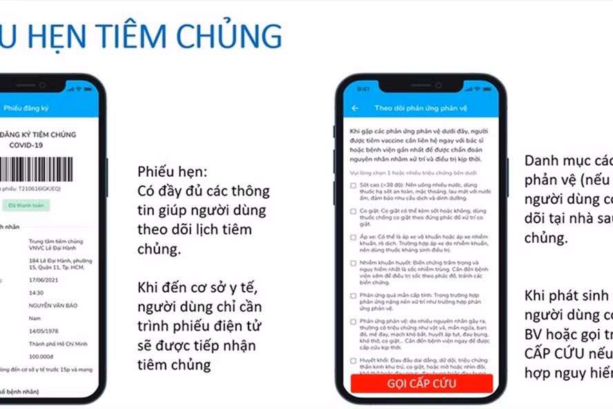 Giao diện ứng dụng đăng kí tiêm vắc xin ngừa Covid-19 trên điện thoại thông minh. Ảnh chụp màn hình.