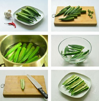 Đậu bắp, rửa sạch, cắt bỏ cuống, luộc khoảng 3 phút rồi ra ngâm trong nước lạnh. Sau đó, cắt đôi trái đậu bắp theo chiều dài, xếp lên đĩa. Đậu bắp, rửa sạch, cắt bỏ cuống, luộc khoảng 3 phút rồi ra ngâm trong nước lạnh. Sau đó, cắt đôi trái đậu bắp theo chiều dài, xếp lên đĩa.