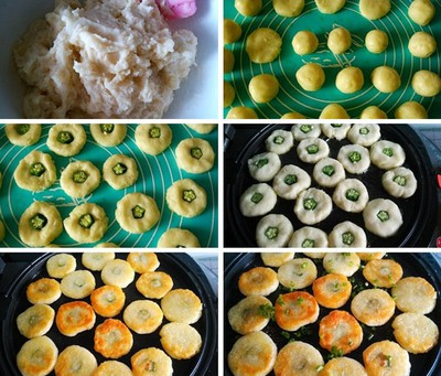 Khoai tây hấp chín nghiền vụn, thêm tinh bột, muối, tiêu trộn đều thành khối kết dính với nhau. Lấy khoai vo thành viên tròn nhỏ, ấn dẹp rồi đặt miếng đậu bắp vào giữa. Làm nóng dầu trong chảo, cho miếng bánh khoai tây vào rán vàng hai mặt thêm hành lá cắt nhỏ vào trong chảo tắt bếp. Khoai tây hấp chín nghiền vụn, thêm tinh bột, muối, tiêu trộn đều thành khối kết dính với nhau. Lấy khoai vo thành viên tròn nhỏ, ấn dẹp rồi đặt miếng đậu bắp vào giữa. Làm nóng dầu trong chảo, cho miếng bánh khoai tây vào rán vàng hai mặt thêm hành lá cắt nhỏ vào trong chảo tắt bếp.