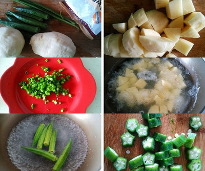 Khoai tây, gọt vỏ rửa sạch, cắt miếng nhỏ hấp hoặc luộc chín. Hành lá rửa sạch cắt nhỏ. Đậu bắp rửa sạch, chần qua nước sôi, cắt miếng nhỏ. Khoai tây, gọt vỏ rửa sạch, cắt miếng nhỏ hấp hoặc luộc chín. Hành lá rửa sạch cắt nhỏ. Đậu bắp rửa sạch, chần qua nước sôi, cắt miếng nhỏ.