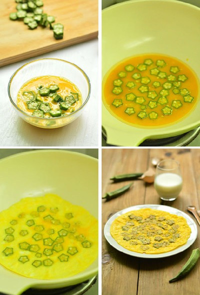 Trộn đậu bắp đã cắt vào trong bát trứng. Làm nóng dầu trong chảo trên bếp, đổ hỗn hợp trứng đậu bắp vào chiên vàng hai mặt là được. Trộn đậu bắp đã cắt vào trong bát trứng. Làm nóng dầu trong chảo trên bếp, đổ hỗn hợp trứng đậu bắp vào chiên vàng hai mặt là được.