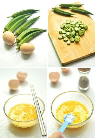 Đậu bắp rửa sạch, để ráo nước, cắt thành lát mỏng 0,2cm. Đập trứng vào trong bát, đánh tan, thêm muối và tiêu khuấy đều. Đậu bắp rửa sạch, để ráo nước, cắt thành lát mỏng 0,2cm. Đập trứng vào trong bát, đánh tan, thêm muối và tiêu khuấy đều.