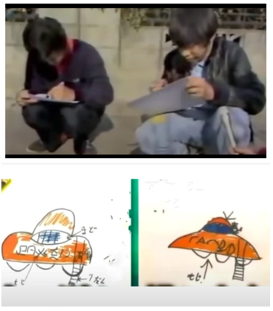 Hai cậu bé vẽ hình vật thể bay kỳ lạ mà chúng nhìn thấy. Hai cậu bé vẽ hình vật thể bay kỳ lạ mà chúng nhìn thấy.