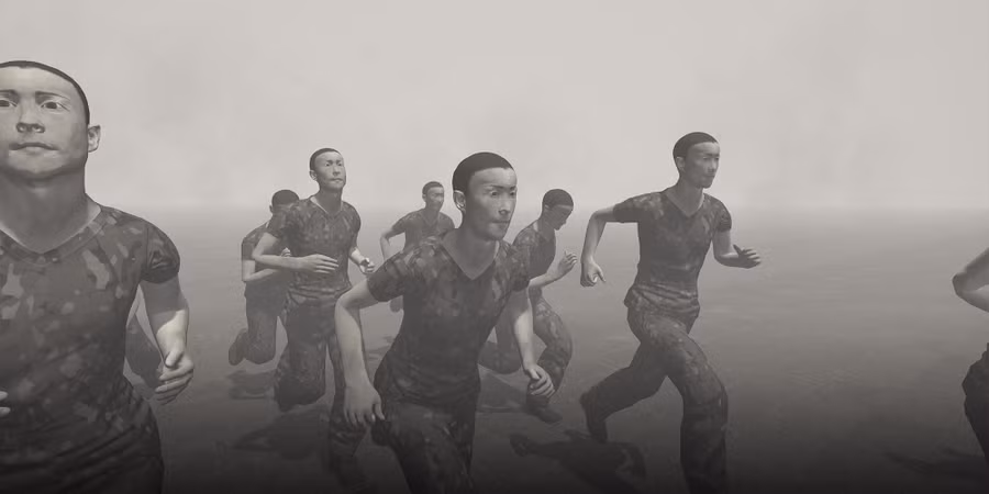 Phân cảnh bệnh nhân cai nghiện Internet tham gia khoá huấn luyện quân sự trong phim “Diagnosia”.