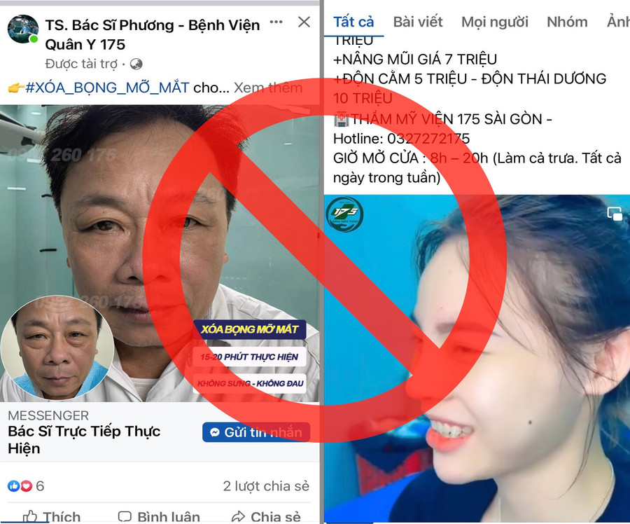 Hình ảnh một số trang mạo danh lấy tên gọi dễ &apos;gây nhầm lẫn&apos; và sử dụng trái phép logo, hình ảnh bác sĩ, thương hiệu Bệnh viện Quân y 175.