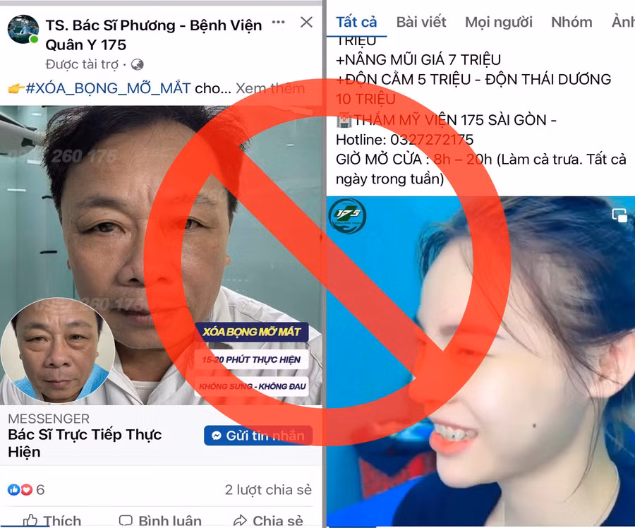 Hình ảnh một số trang mạo danh lấy tên gọi dễ 'gây nhầm lẫn' và sử dụng trái phép logo, hình ảnh bác sĩ, thương hiệu Bệnh viện Quân y 175.