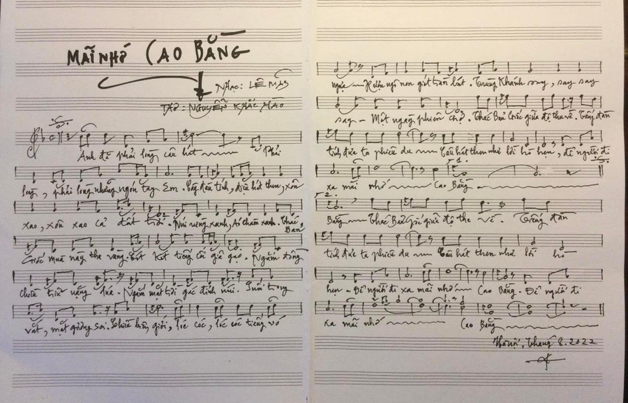 Bản nhạc ca khúc “Mãi nhớ Cao Bằng”.