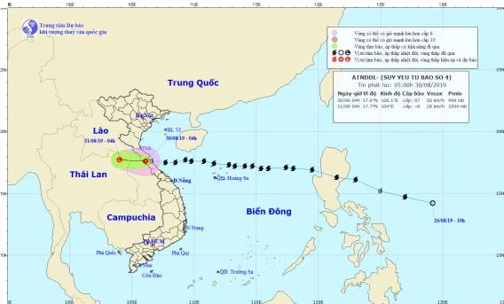 Bão số 4 suy yếu thành áp thấp nhiệt đới trên đất liền