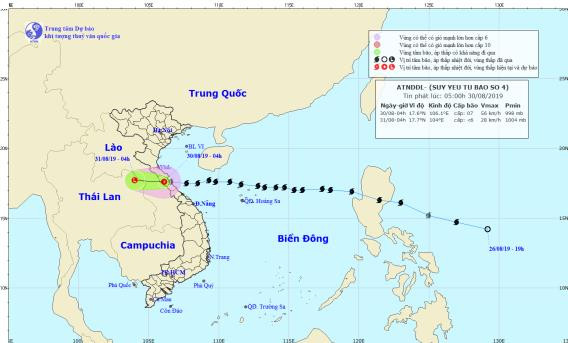 Bão số 4 suy yếu thành áp thấp nhiệt đới trên đất liền