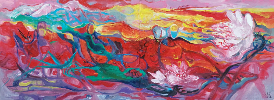 Chất liệu Acrylic trên toan (90x240cm). Chất liệu Acrylic trên toan (90x240cm).