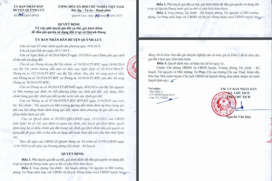 Quyết định phê duyệt giá đất cụ thể, giá khởi điểm của UBND huyện Quỳnh Lưu do ông Nguyễn Văn Quý ký. Quyết định phê duyệt giá đất cụ thể, giá khởi điểm của UBND huyện Quỳnh Lưu do ông Nguyễn Văn Quý ký.
