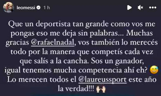 Lionel Messi viết thông điệp cảm ơn tay vợt Nadal hôm 21/2.