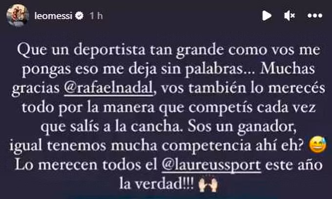 Lionel Messi viết thông điệp cảm ơn tay vợt Nadal hôm 21/2.