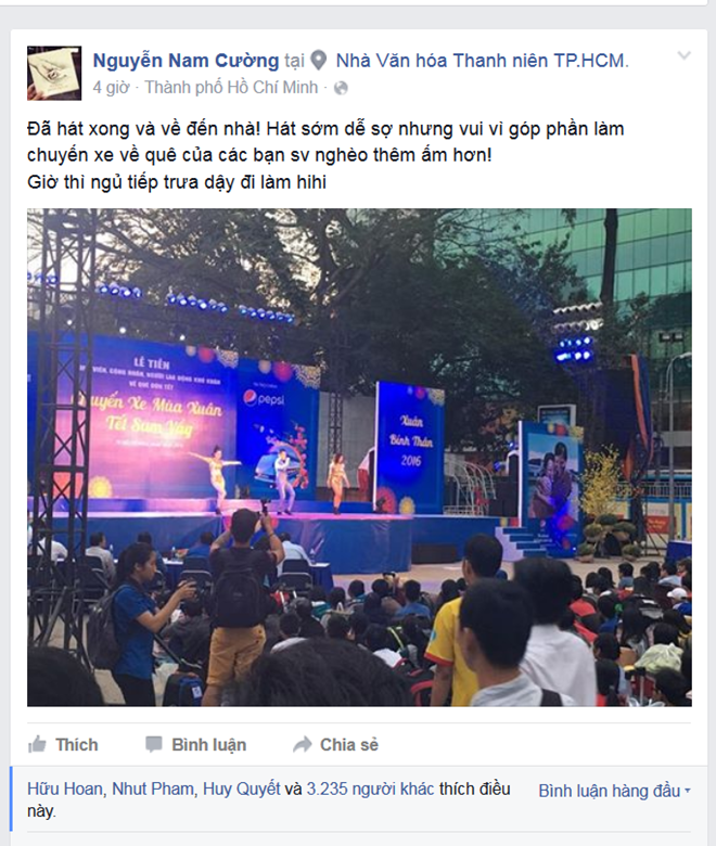 Hình ảnh và thông tin về chương trình cũng được Nam Cường đăng tải trên trang cá nhân và nhanh chóng nhận được sự ủng hộ của khán giả. Một số người nhận xét anh là “ca sĩ quốc dân” vì nhiệt tình tham gia vào các chương trình cộng đồng ý nghĩa.