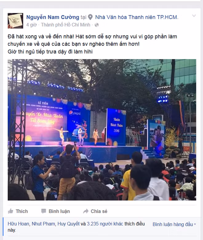 Hình ảnh và thông tin về chương trình cũng được Nam Cường đăng tải trên trang cá nhân và nhanh chóng nhận được sự ủng hộ của khán giả. Một số người nhận xét anh là “ca sĩ quốc dân” vì nhiệt tình tham gia vào các chương trình cộng đồng ý nghĩa.