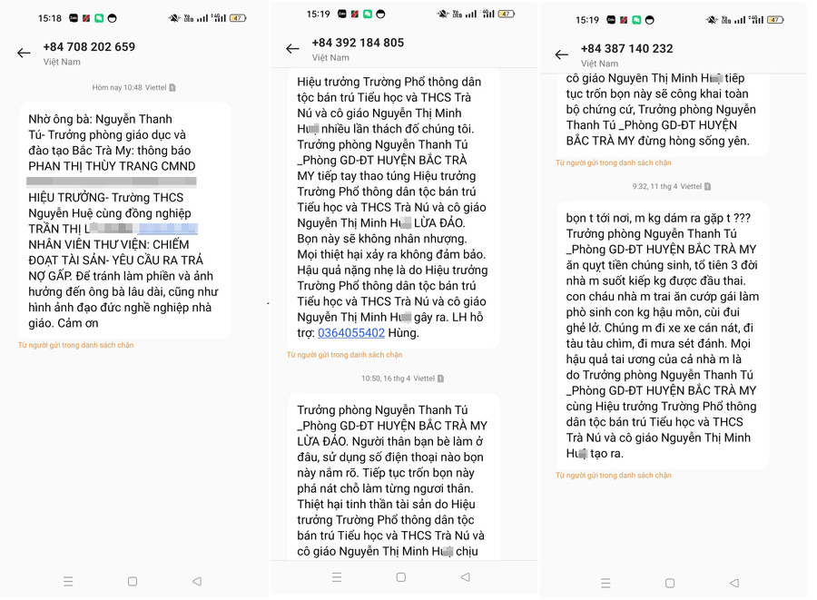 Các đối tượng nhắn tin đe dọa ông Nguyễn Thanh Tú - Trưởng phòng GD&amp;ĐT huyện Bắc Trà My.