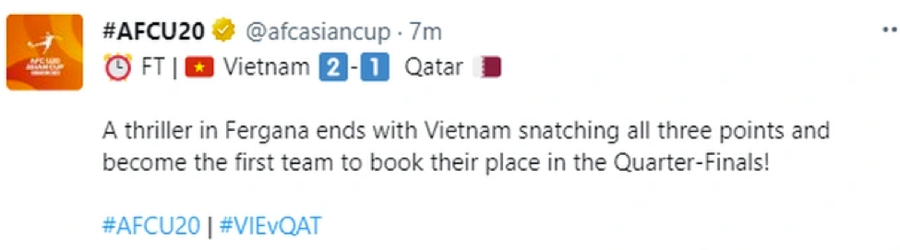 Trang chủ AFC nhầm lẫn nên đã chúc mừng U20 Việt Nam trở thành đội đầu tiên vào tứ kết U20 châu Á 2023.