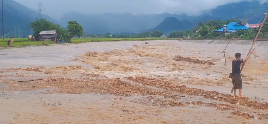 Dòng nước lũ chảy xiết ảnh hưởng hoa màu của người dân.