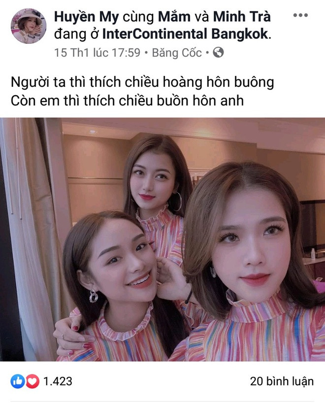 Huyền My đăng ảnh check-in Bangkok. Ảnh chụp màn hình. Ban gai tin don cua Quang Hai den san co vu U23 Viet Nam hinh anh 2 d40.jpg