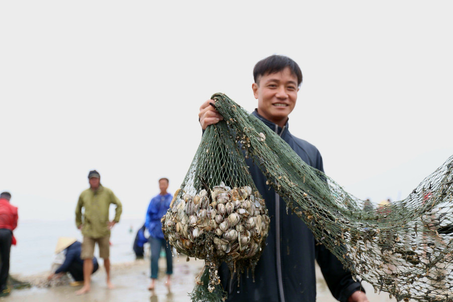 Vừa kéo lên mẻ sò lông, ngư dân Dương Thanh Hán (49 tuổi, trú xã Thịnh Lộc) hào hứng nói, anh và 3 người trong gia đình đã bắt được hơn 50kg sò lông sau 3 giờ ngụp lặn. Anh Hán cho biết, do thời tiết lạnh giá và sóng biển lớn nên việc ngụp lặn xuống nước để vớt sò lông rất nguy hiểm và mất nhiều công sức. (Ảnh: Thu Nhường). Vừa kéo lên mẻ sò lông, ngư dân Dương Thanh Hán (49 tuổi, trú xã Thịnh Lộc) hào hứng nói, anh và 3 người trong gia đình đã bắt được hơn 50kg sò lông sau 3 giờ ngụp lặn. Anh Hán cho biết, do thời tiết lạnh giá và sóng biển lớn nên việc ngụp lặn xuống nước để vớt sò lông rất nguy hiểm và mất nhiều công sức. (Ảnh: Thu Nhường).