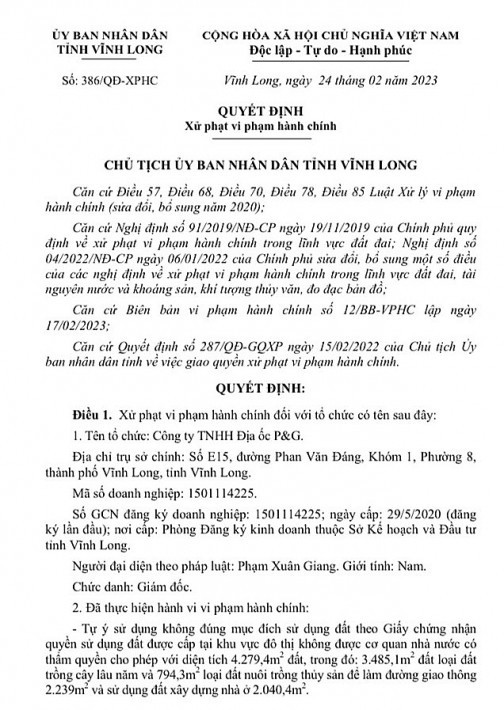 Quyết định xử phạt hành chính đối với Công ty TNHH Địa ốc P&G. Quyết định xử phạt hành chính đối với Công ty TNHH Địa ốc P&G.