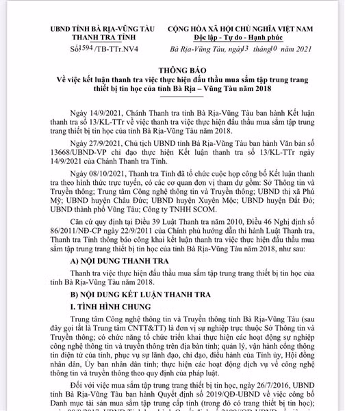 Kết luận của thanh tra tỉnh.