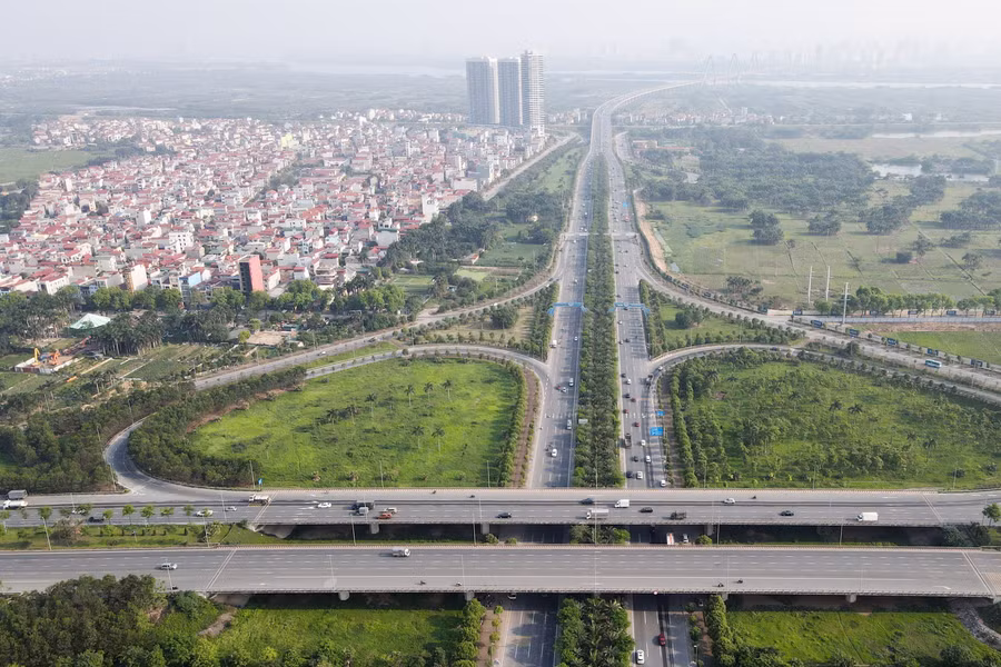 Một góc giao thông và đô thị huyện Đông Anh nhìn từ trên cao.