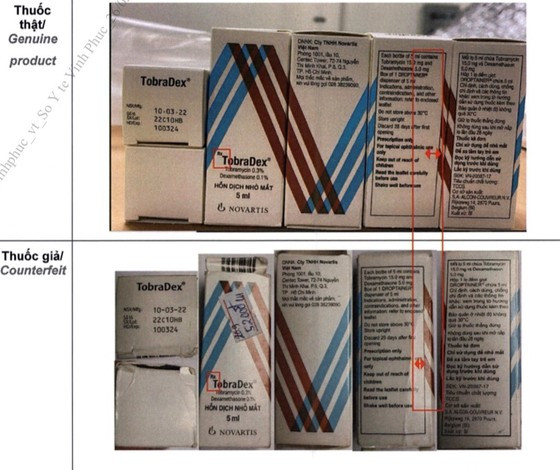 Hình ảnh so sánh giữa lọ thuốc thật với thuốc giả. Ảnh: Cục Quản lý dược. Hình ảnh so sánh giữa lọ thuốc thật với thuốc giả. Ảnh: Cục Quản lý dược.