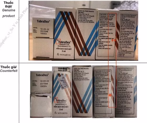 Hình ảnh so sánh giữa lọ thuốc thật với thuốc giả. Ảnh: Cục Quản lý dược.