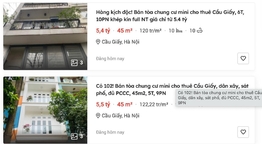 Nhiều căn hộ chung cư mini đang được rao bán.