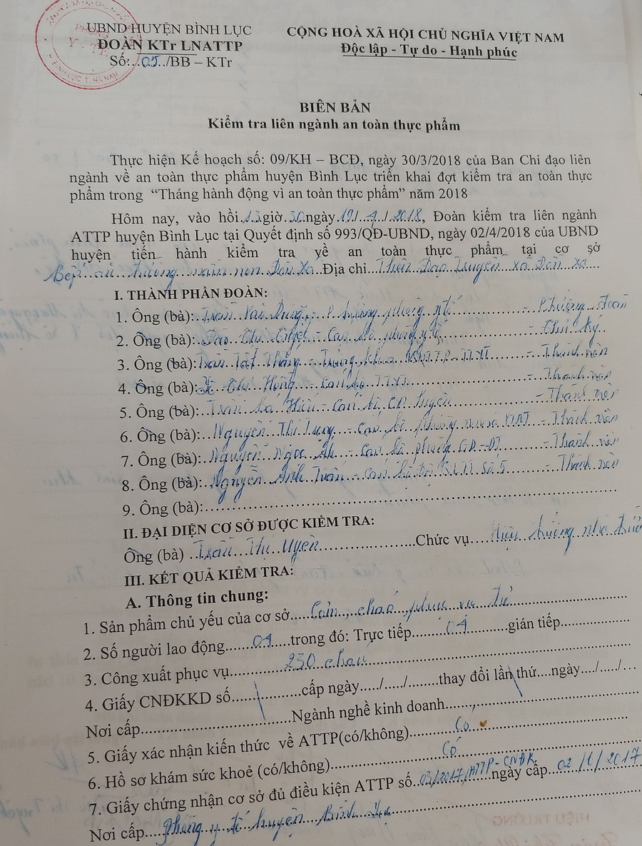 Biên bản kiểm tra của Đoàn kiểm tra liên ngành về ATTP trong “Tháng hành động vì ATTP” năm 2018 của UBND huyện kiểm tra tại bếp ăn trường mầm non Đồn Xá Biên bản kiểm tra của Đoàn kiểm tra liên ngành về ATTP trong “Tháng hành động vì ATTP” năm 2018 của UBND huyện kiểm tra tại bếp ăn trường mầm non Đồn Xá