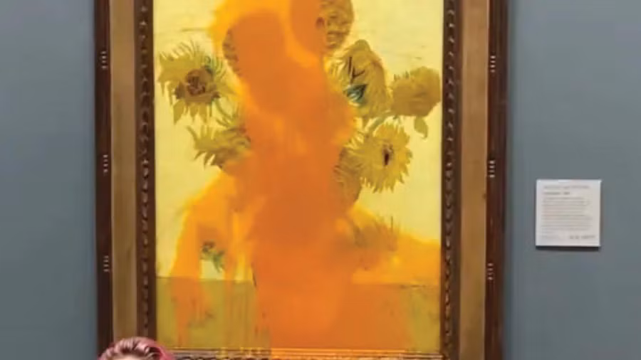 Bức “Hoa hướng dương” của danh họa nổi tiếng Hà Lan Van Gogh bị hắt súp cà chua. Ảnh: Thesportsgrail