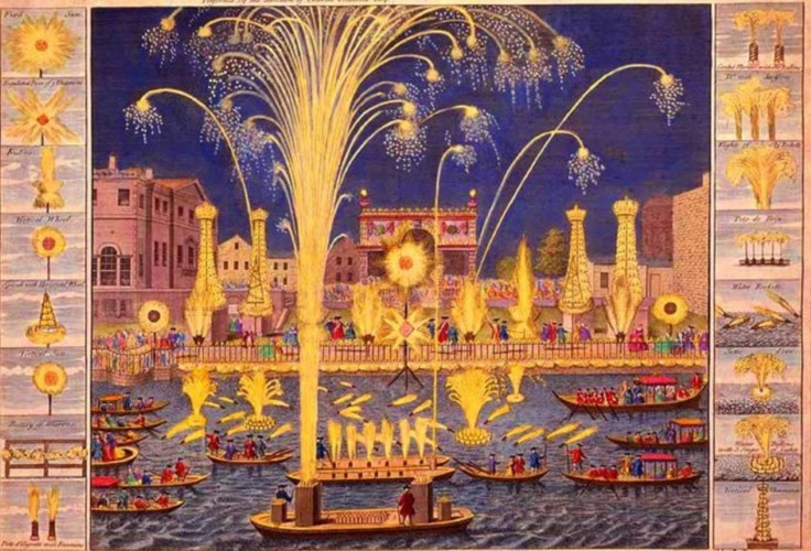 Tranh vẽ cảnh đốt pháo hoa trên sông Thames ở Anh vào năm 1797. Tranh vẽ cảnh đốt pháo hoa trên sông Thames ở Anh vào năm 1797.