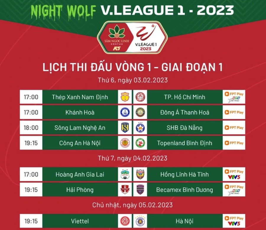 Lịch thi đấu vòng 1 V.League 2023. (Ảnh: VFF). Lịch thi đấu vòng 1 V.League 2023. (Ảnh: VFF).