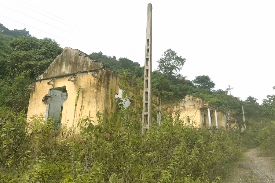 Đường vào khu tái định cư Khe Ò cỏ dại mọc um tùm, hàng chục ngôi nhà và công trình nhà văn hóa bị bỏ hoang.
