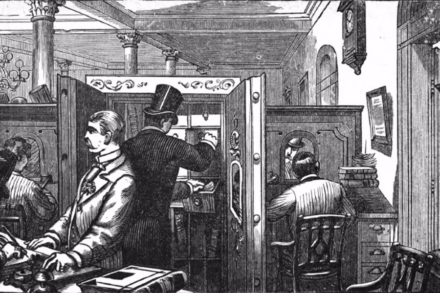 Bản phác thảo bên trong Quỹ Tiết kiệm Manhattan, nơi băng đảng của George thực hiện phi vụ cuối cùng