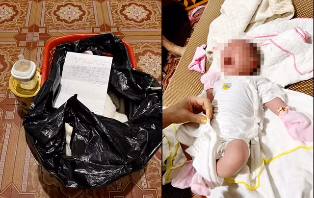Cháu bé bị bỏ rơi cùng chiếc túi có mảnh giấy nhờ nuôi hộ. (Ảnh: CTV)