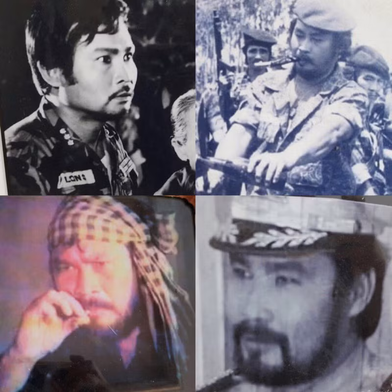 NSND Lý Huỳnh (từ trái qua và từ trên xuống) với các vai: Đại úy Long trong phim Mùa gió chướng, trung úy Xăm trong phim Hòn đất, Hai Lúa trong phim Vùng gió xoáy, Đại tá Hoàng trong phim Cô Nhíp. Ảnh: Tư liệu gia đình.