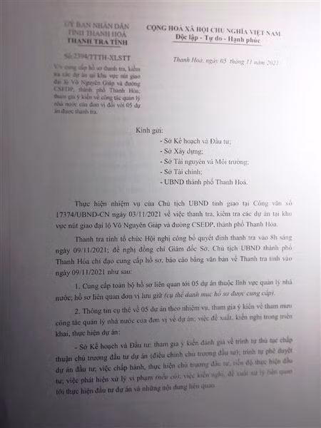 Văn bản của Thanh tra tỉnh Thanh Hóa đề nghị các đơn vị có liên quan cung cấp hồ sơ hàng loạt dự án ở TP Thanh Hóa.