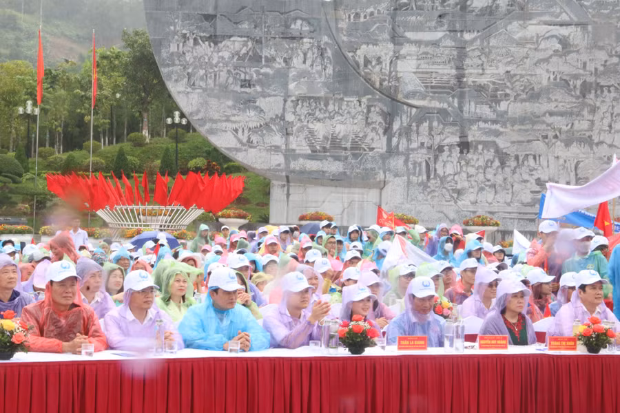 Các đại biểu mặc áo mưa cổ vũ