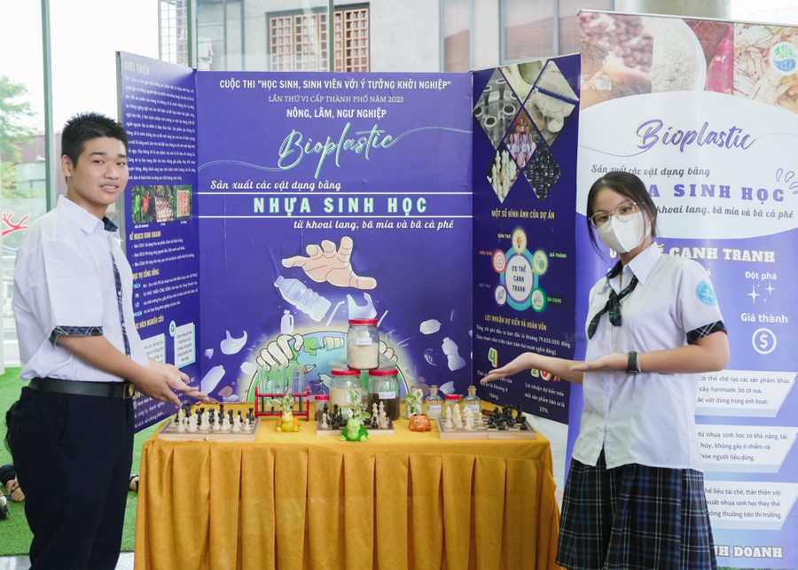 Bộ trò chơi cờ vua, cờ tướng, chậu cây handmade để bàn được làm từ nhựa sinh học do nhóm học sinh Trường THPT Trần Văn Giàu nghiên cứu. Ảnh: HP