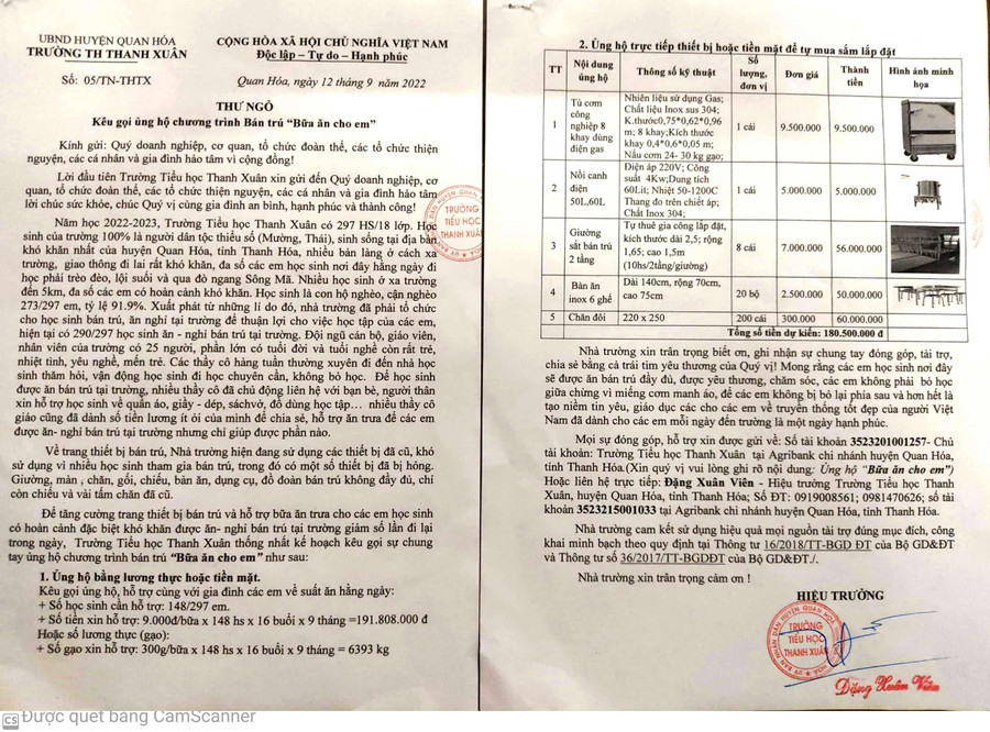 Bức thư ngỏ Quỹ bán trú &apos;bữa cơm cho em&apos; của thầy Hiệu trưởng Đặng Xuân Viên.