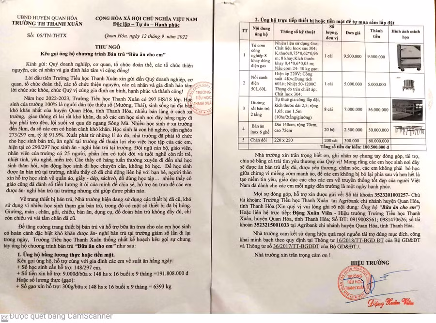 Bức thư ngỏ Quỹ bán trú 'bữa cơm cho em' của thầy Hiệu trưởng Đặng Xuân Viên.