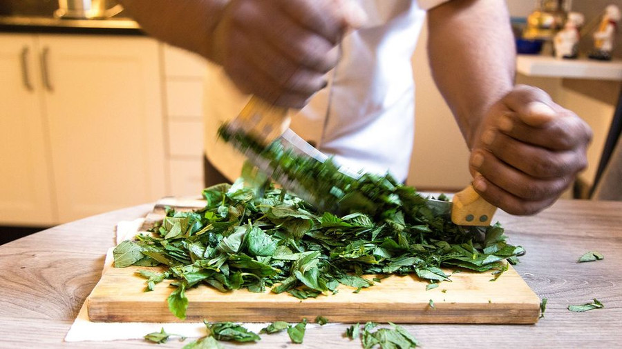 Lá molokhia phải được băm nát trước khi nấu, để nhớt càng thêm nhớt. Lá molokhia phải được băm nát trước khi nấu, để nhớt càng thêm nhớt.