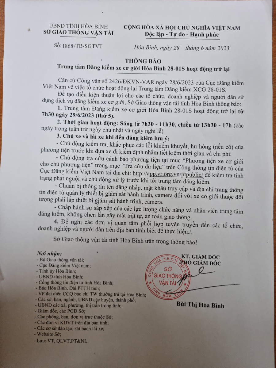 Văn bản thông báo Trung tâm đăng kiểm hoạt động trở lại.